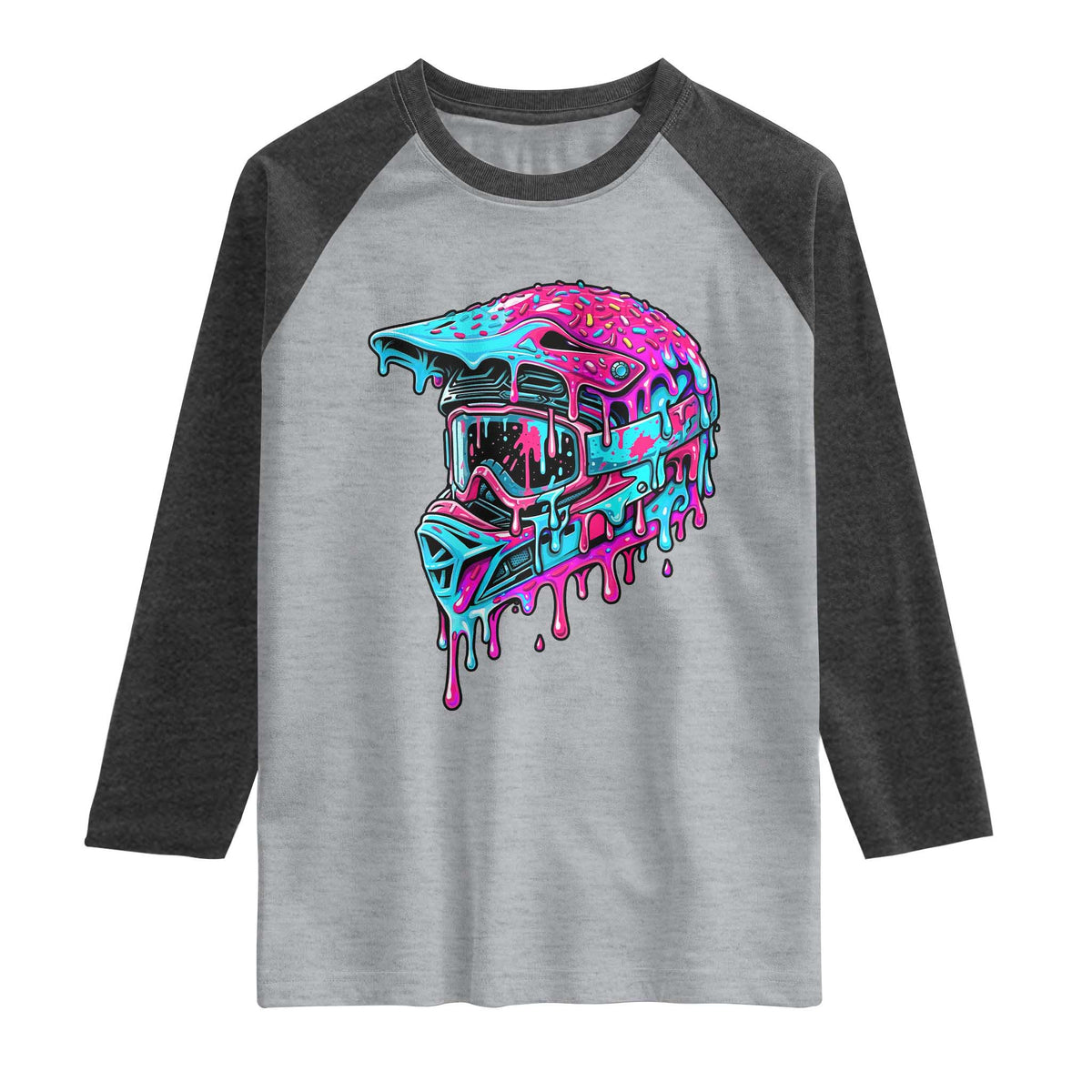 Motocross Helmet Drip Ice Cream Melt Graphic Dirt Bike Racing Raglan Shirt TS11 Heather Gray Heather Charcoal Print Your Wear