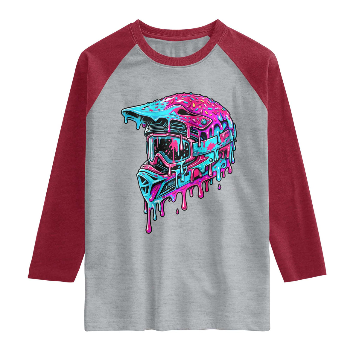 Motocross Helmet Drip Ice Cream Melt Graphic Dirt Bike Racing Raglan Shirt TS11 Heather Gray Heather Red Print Your Wear