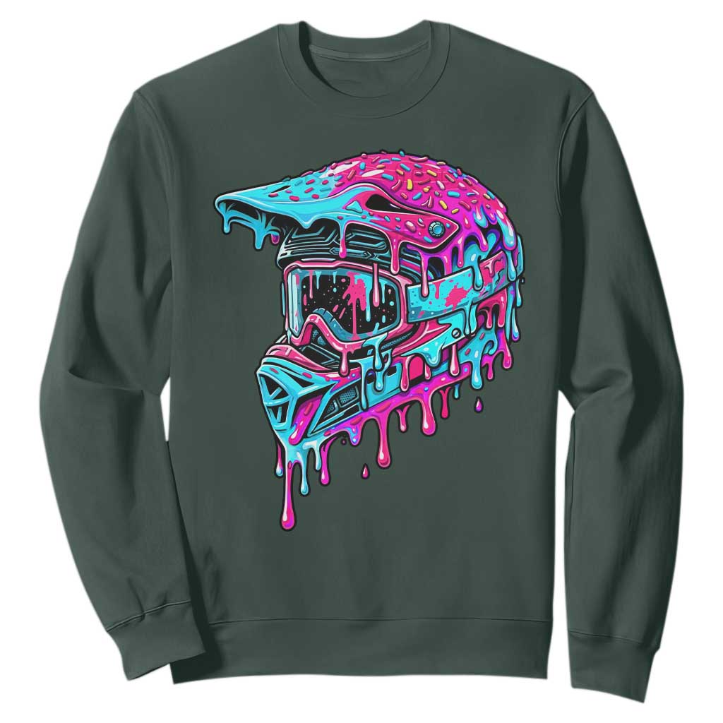 Motocross Helmet Drip Ice Cream Melt Graphic Dirt Bike Racing Sweatshirt TS11 Dark Forest Green Print Your Wear
