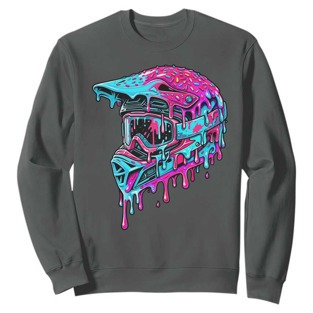Motocross Helmet Drip Ice Cream Melt Graphic Dirt Bike Racing Sweatshirt TS11 Dark Heather Print Your Wear