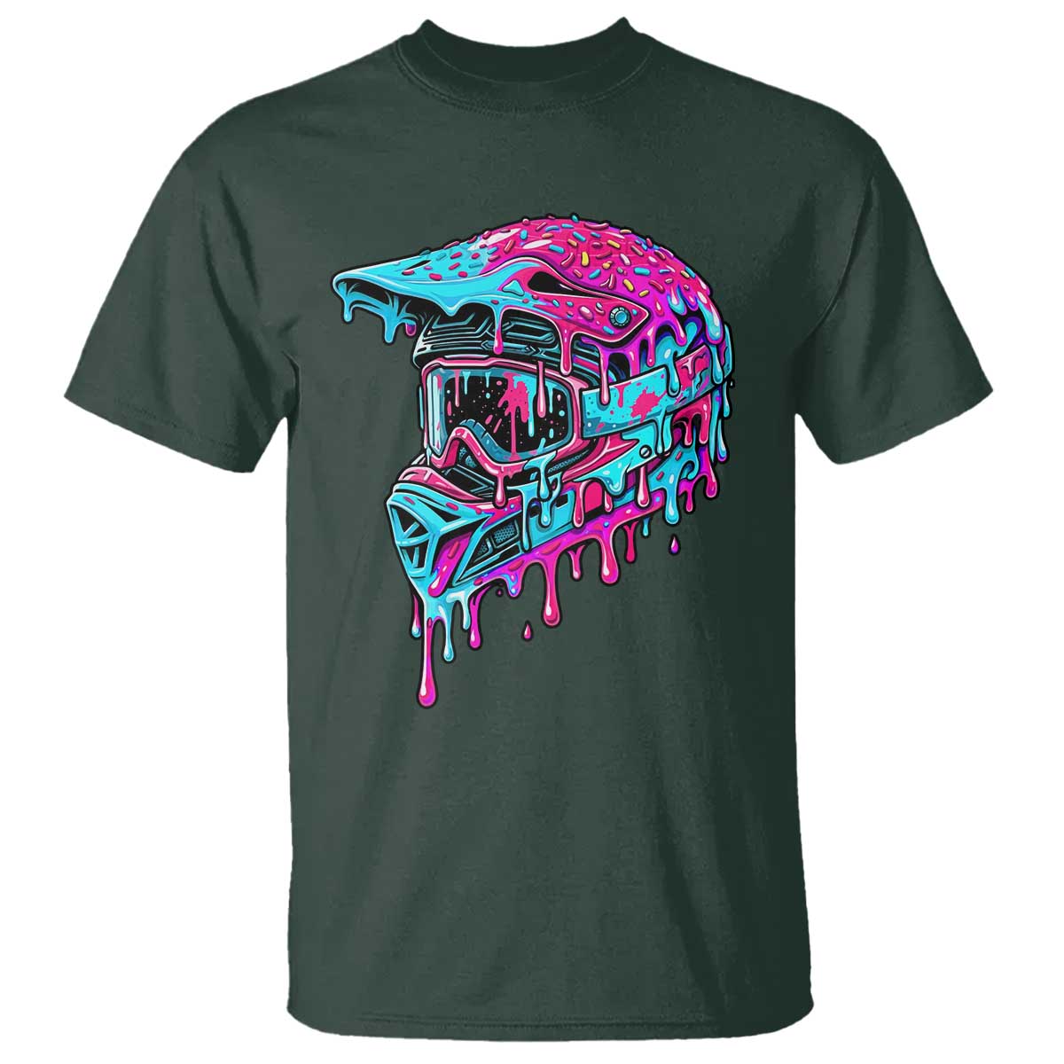 Motocross Helmet Drip Ice Cream Melt Graphic Dirt Bike Racing T Shirt TS11 Dark Forest Green Print Your Wear