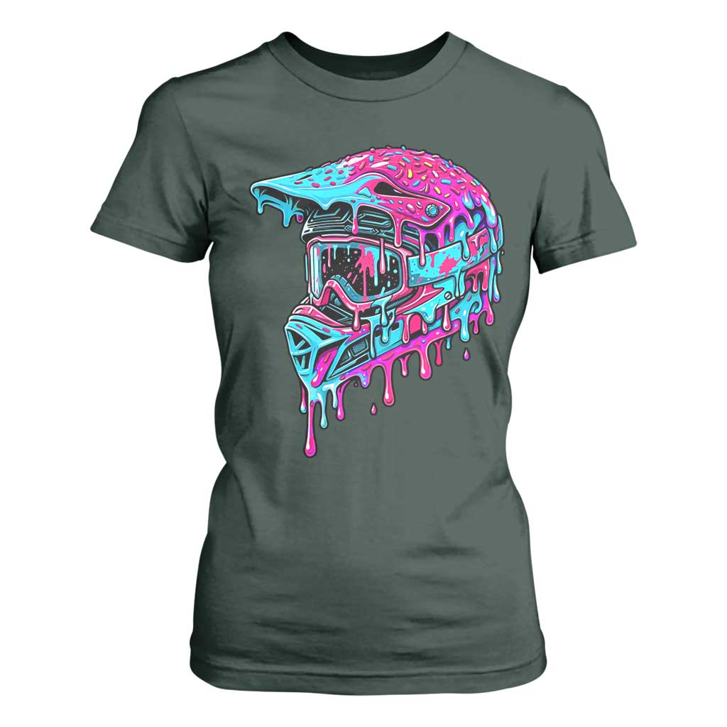 Motocross Helmet Drip Ice Cream Melt Graphic Dirt Bike Racing T Shirt For Women TS11 Dark Forest Green Print Your Wear
