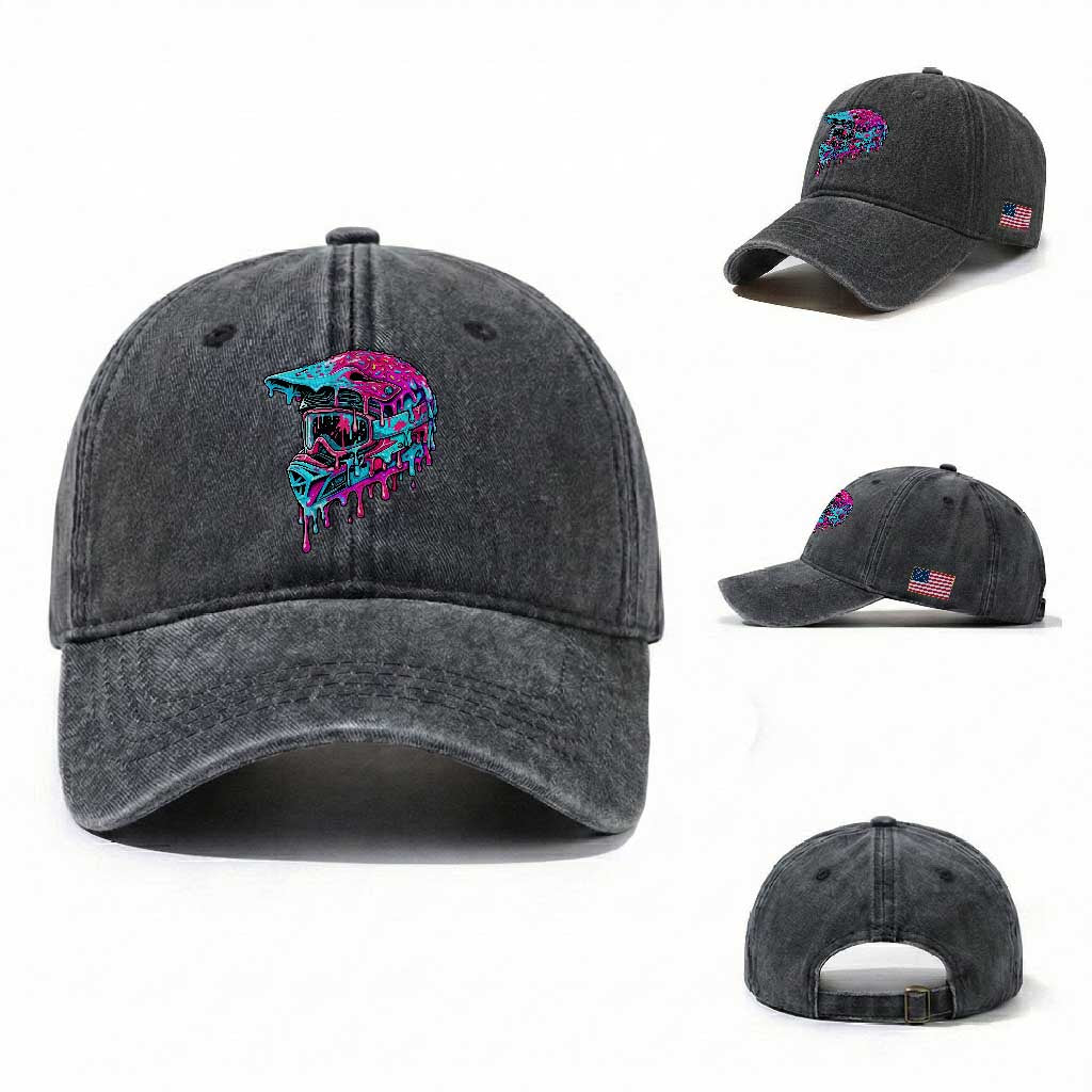Motocross Helmet Drip Ice Cream Melt Graphic Dirt Bike Racing Washed Cotton Baseball Cap TS11 Washed Cap Universal Fit Dark Gray Print Your Wear