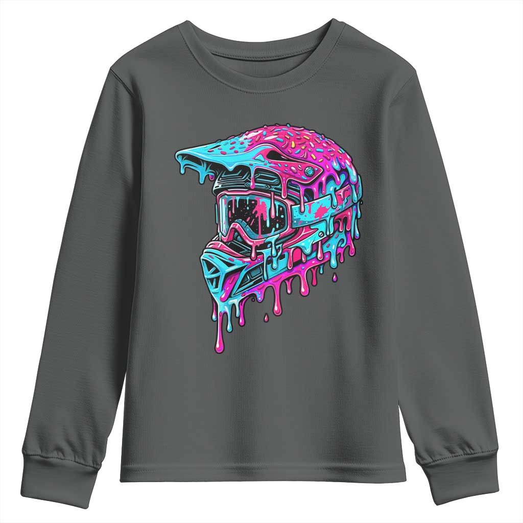 Motocross Helmet Drip Ice Cream Melt Graphic Dirt Bike Racing Youth Sweatshirt TS11 Dark Heather Print Your Wear