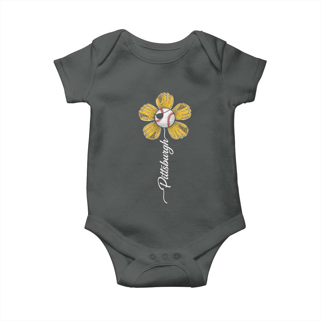 Pittsburgh Sport Retro Baseball Flower Baby Onesie Funny Game Day TS11 Dark Heather Print Your Wear