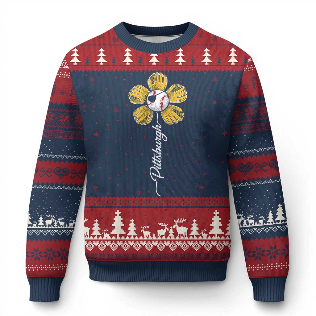 Pittsburgh Sport Retro Baseball Flower Ugly Christmas Sweater Funny Game Day TS11 Navy Red Print Your Wear