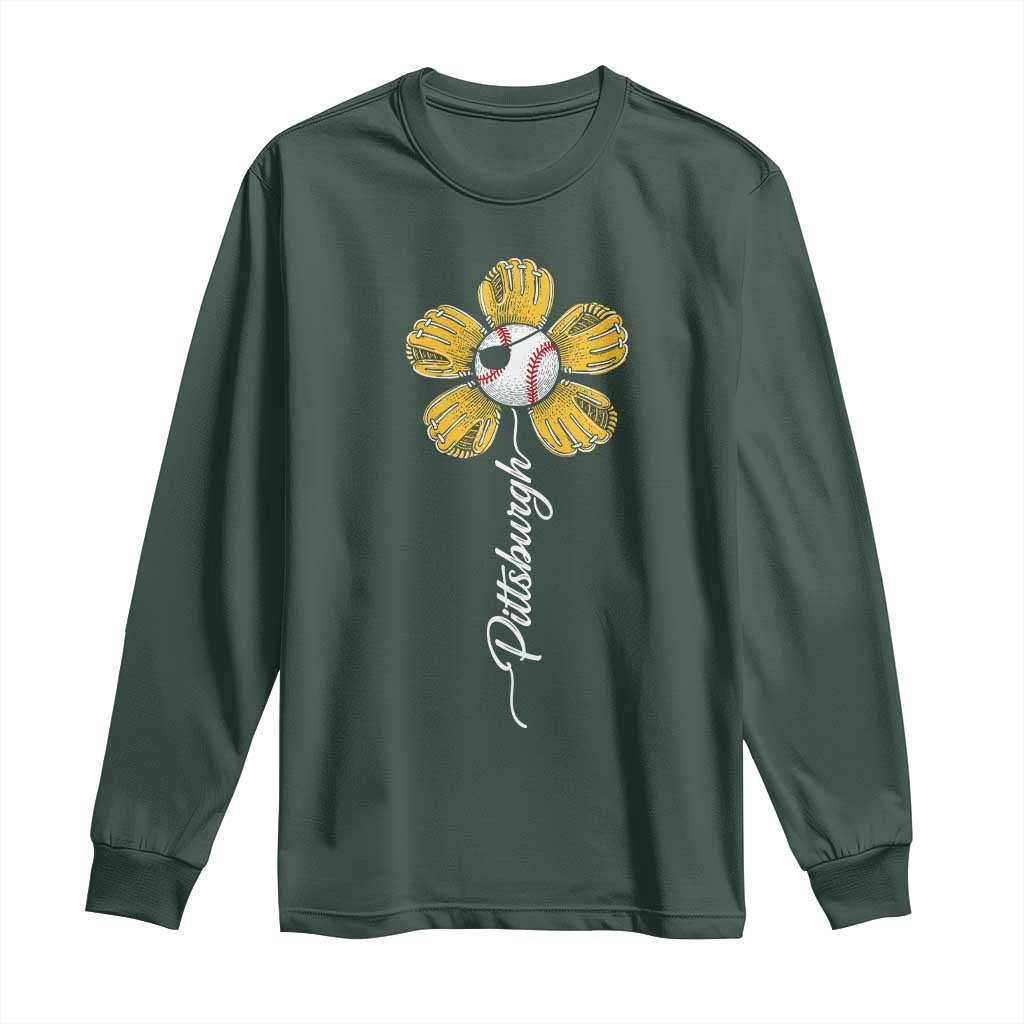 Pittsburgh Sport Retro Baseball Flower Long Sleeve Shirt Funny Game Day TS11 Dark Forest Green Print Your Wear