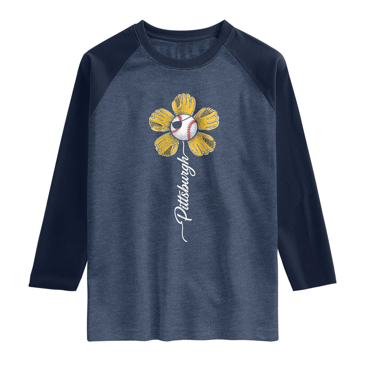 Pittsburgh Sport Retro Baseball Flower Raglan Shirt Funny Game Day TS11 Heather Denim Navy Print Your Wear