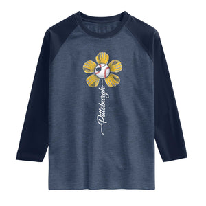 Pittsburgh Sport Retro Baseball Flower Raglan Shirt Funny Game Day TS11 Heather Denim Navy Print Your Wear