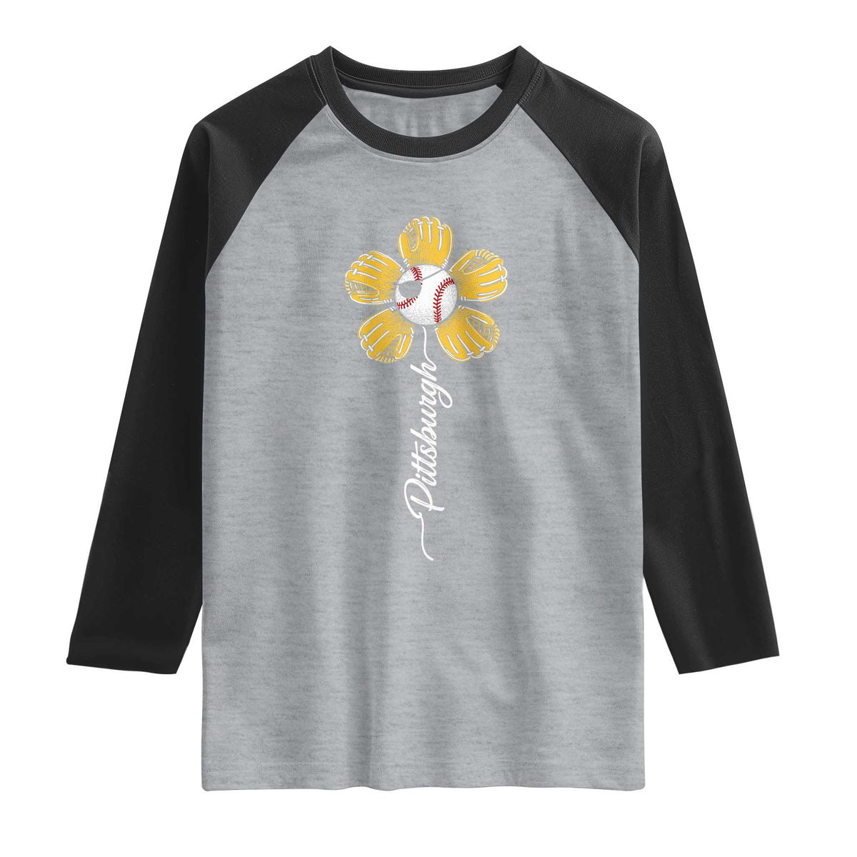 Pittsburgh Sport Retro Baseball Flower Raglan Shirt Funny Game Day TS11 Heather Gray Black Print Your Wear