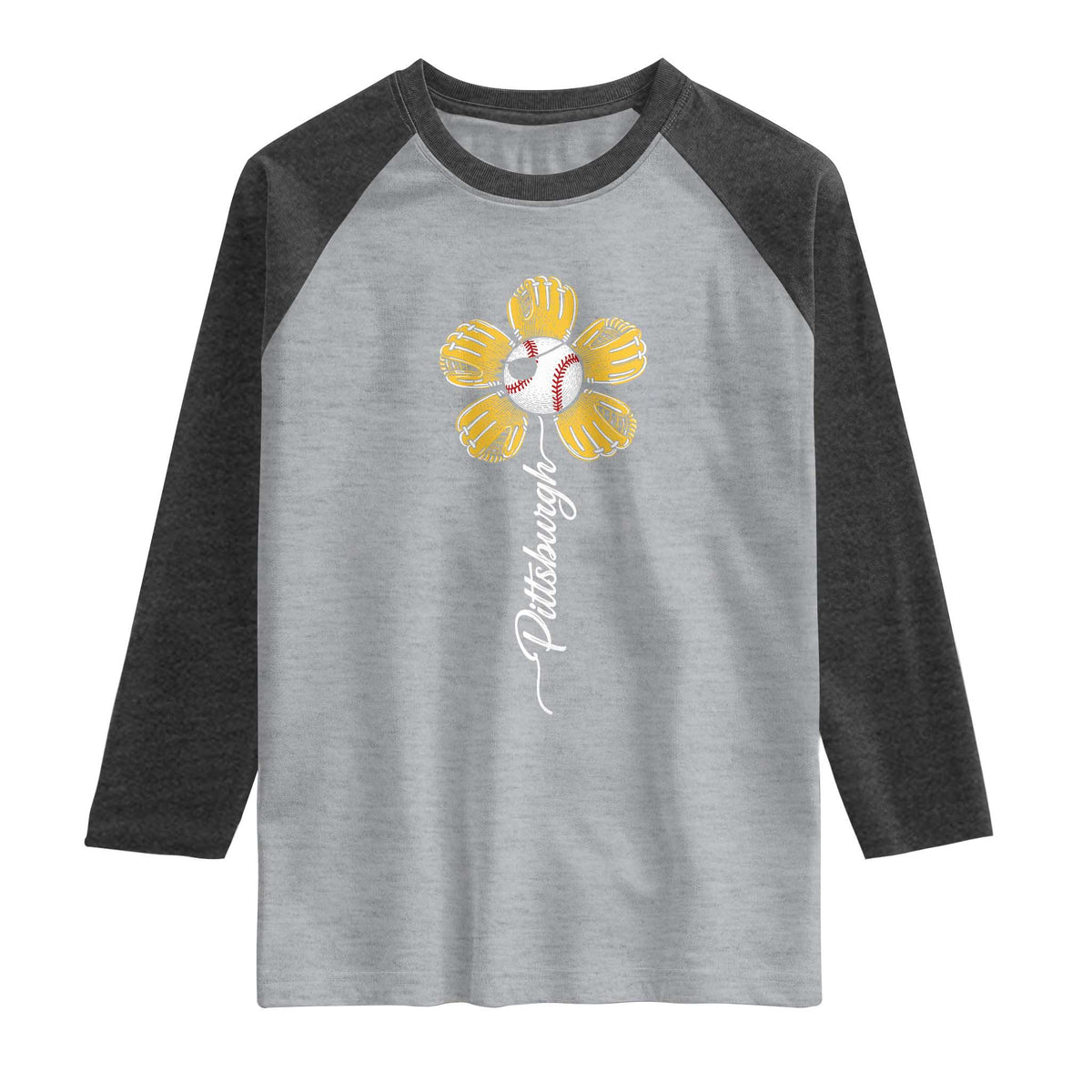 Pittsburgh Sport Retro Baseball Flower Raglan Shirt Funny Game Day TS11 Heather Gray Heather Charcoal Print Your Wear