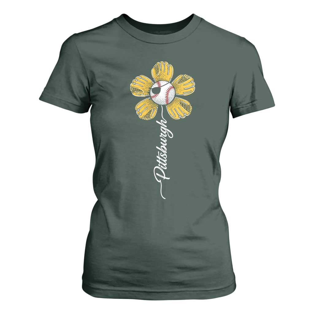 Pittsburgh Sport Retro Baseball Flower T Shirt For Women Funny Game Day TS11 Dark Forest Green Print Your Wear