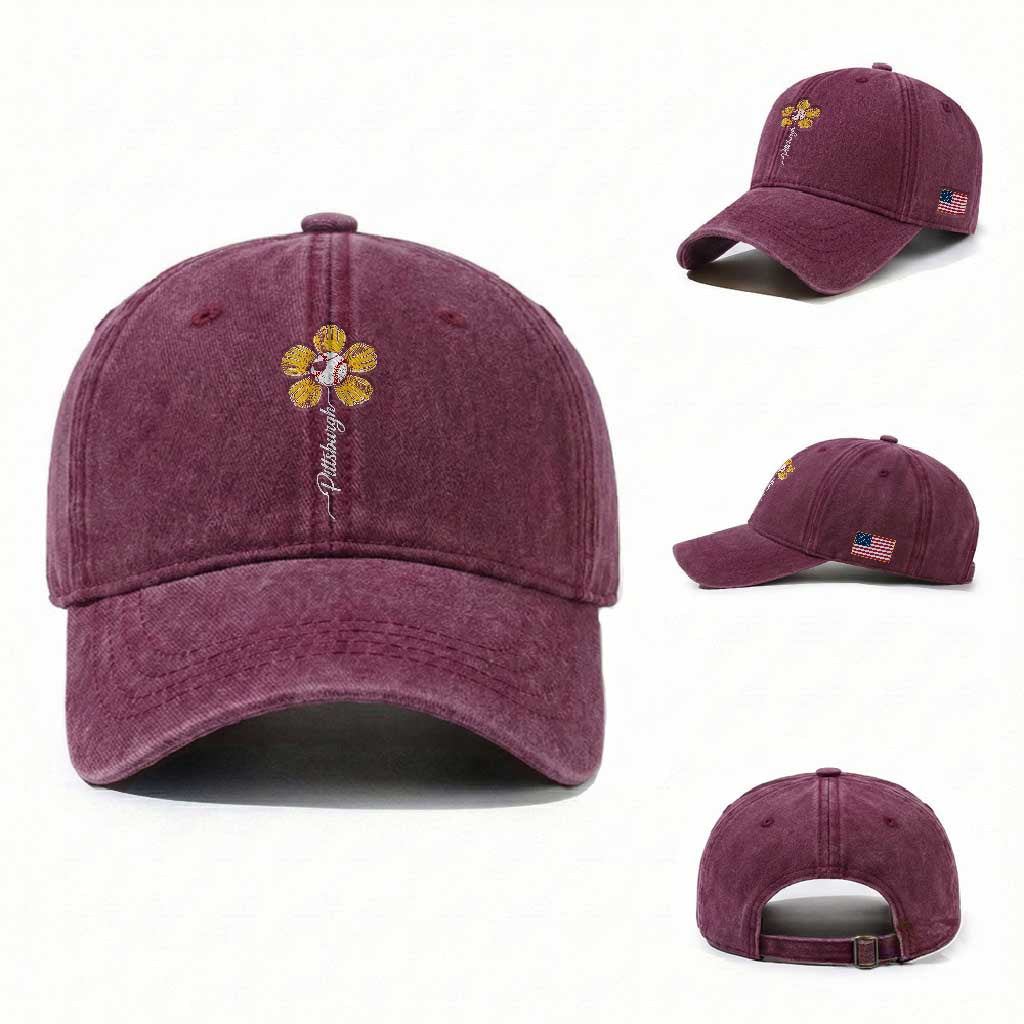 Pittsburgh Sport Retro Baseball Flower Washed Cotton Baseball Cap Funny Game Day TS11 Washed Cap Universal Fit Burgundy Print Your Wear