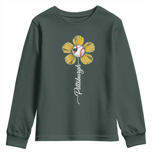 Pittsburgh Sport Retro Baseball Flower Youth Sweatshirt Funny Game Day TS11 Dark Forest Green Print Your Wear