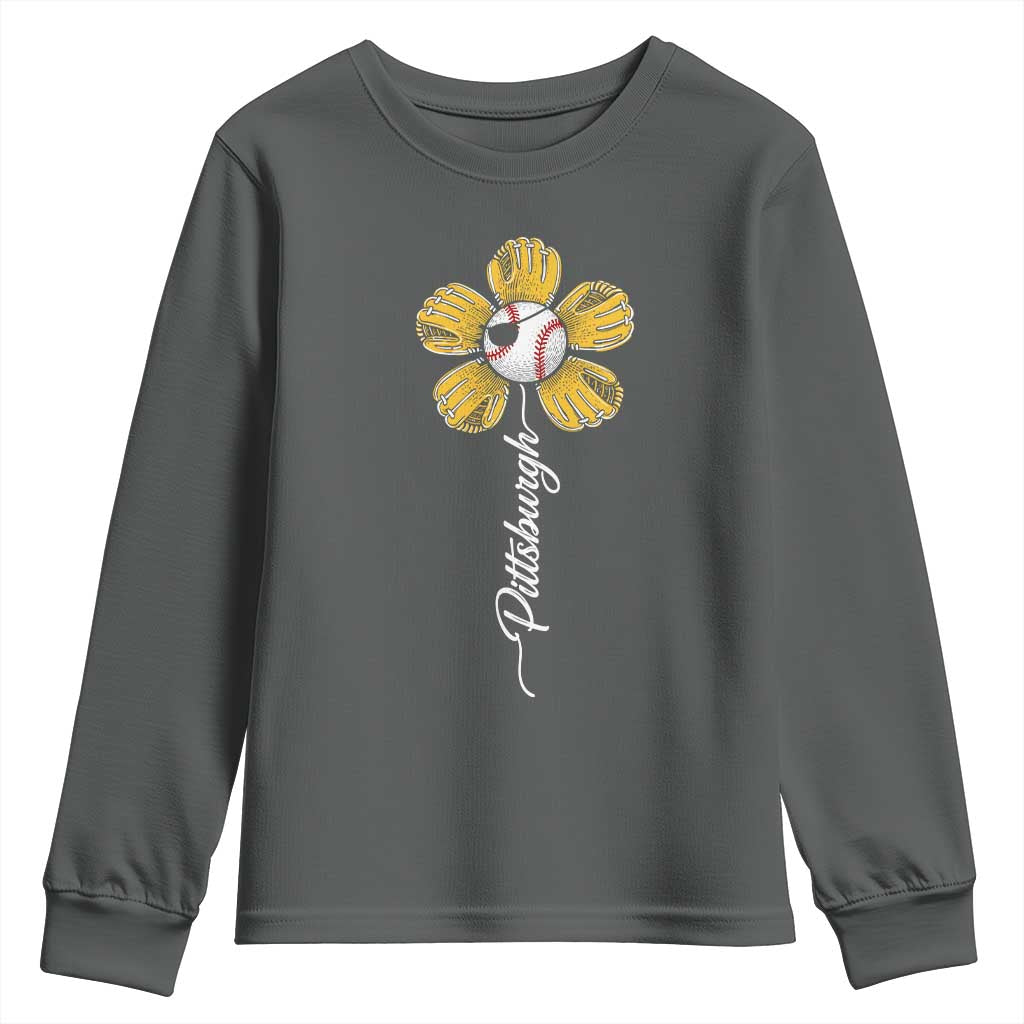 Pittsburgh Sport Retro Baseball Flower Youth Sweatshirt Funny Game Day TS11 Dark Heather Print Your Wear