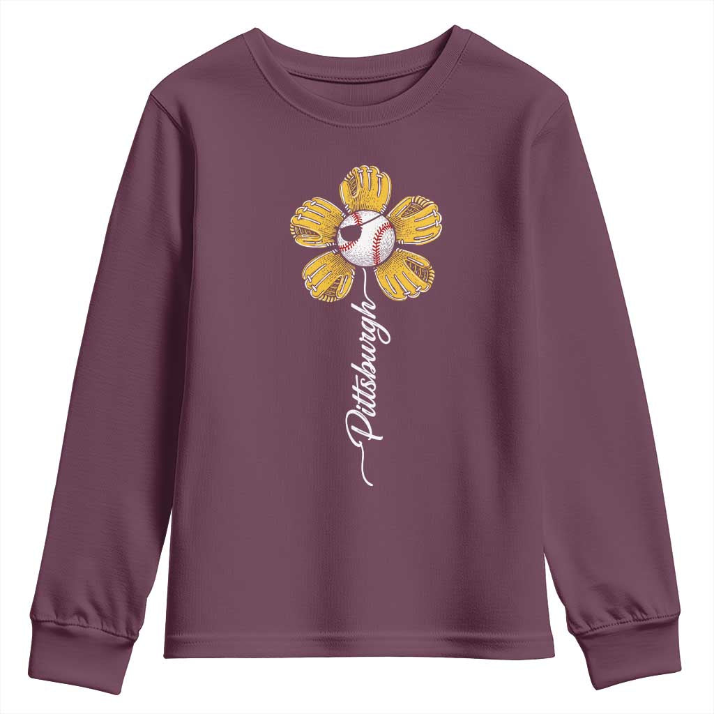 Pittsburgh Sport Retro Baseball Flower Youth Sweatshirt Funny Game Day TS11 Maroon Print Your Wear