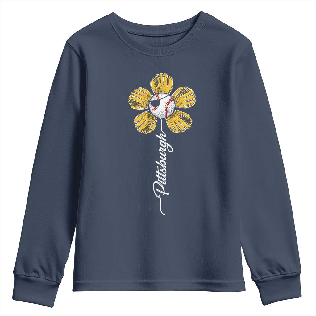 Pittsburgh Sport Retro Baseball Flower Youth Sweatshirt Funny Game Day TS11 Navy Print Your Wear