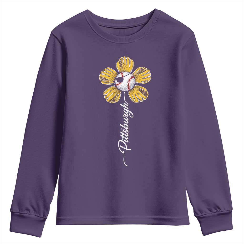 Pittsburgh Sport Retro Baseball Flower Youth Sweatshirt Funny Game Day TS11 Purple Print Your Wear