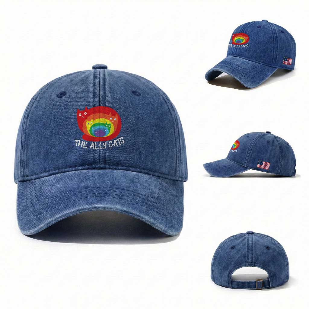 Funny LGBT The Ally Cats Washed Cotton Baseball Cap Pride Month Rainbow Cat TS11 Washed Cap Universal Fit Royal Blue Print Your Wear