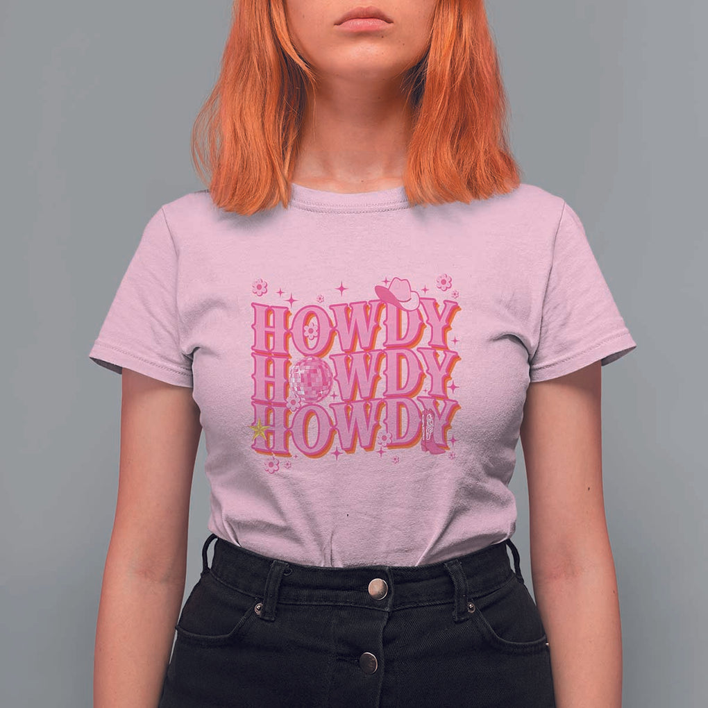 Funny Cowboy T Shirt For Women Howdy Western Country Pink Retro Disco Ball TS11 Light Pink Print Your Wear