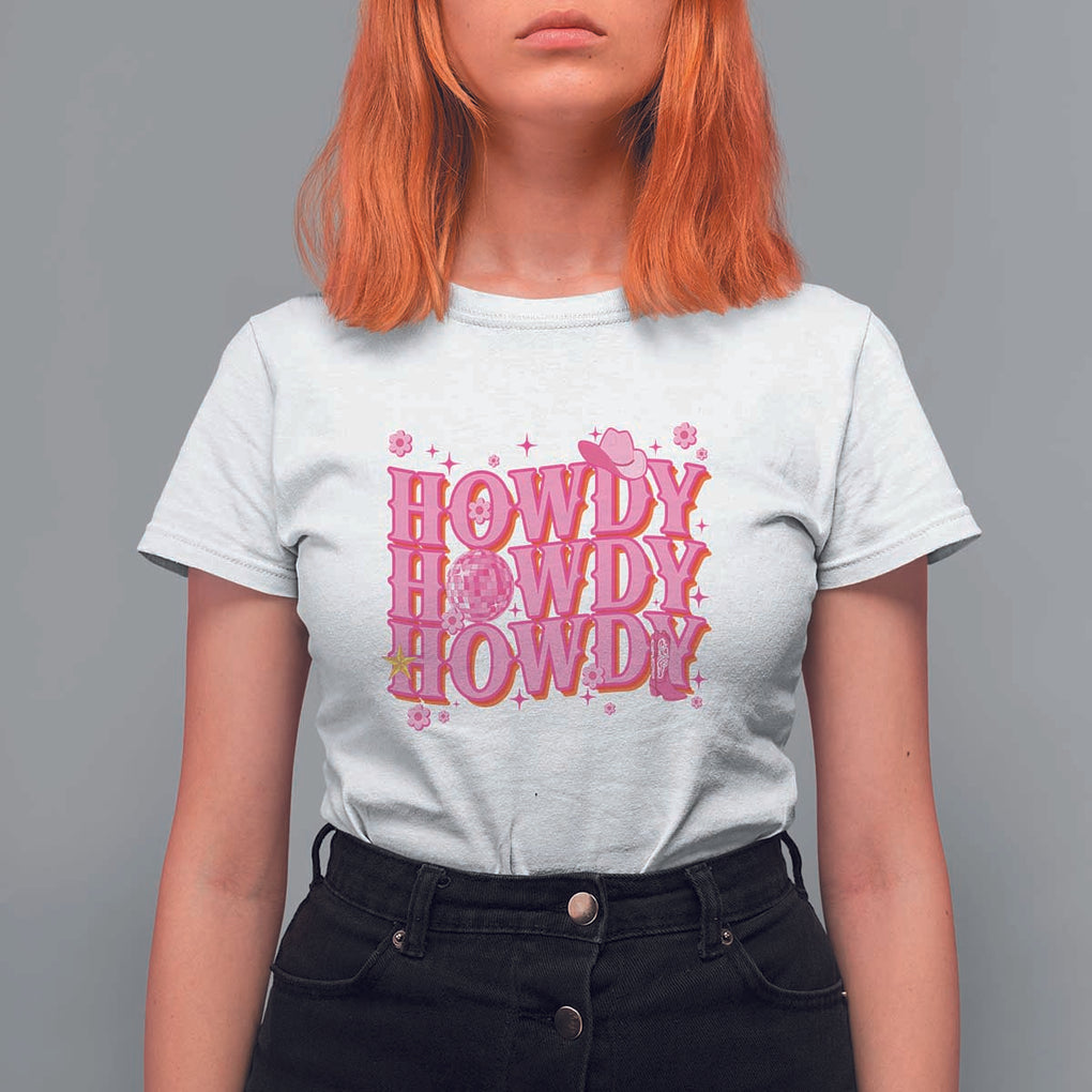 Funny Cowboy T Shirt For Women Howdy Western Country Pink Retro Disco Ball TS11 White Print Your Wear