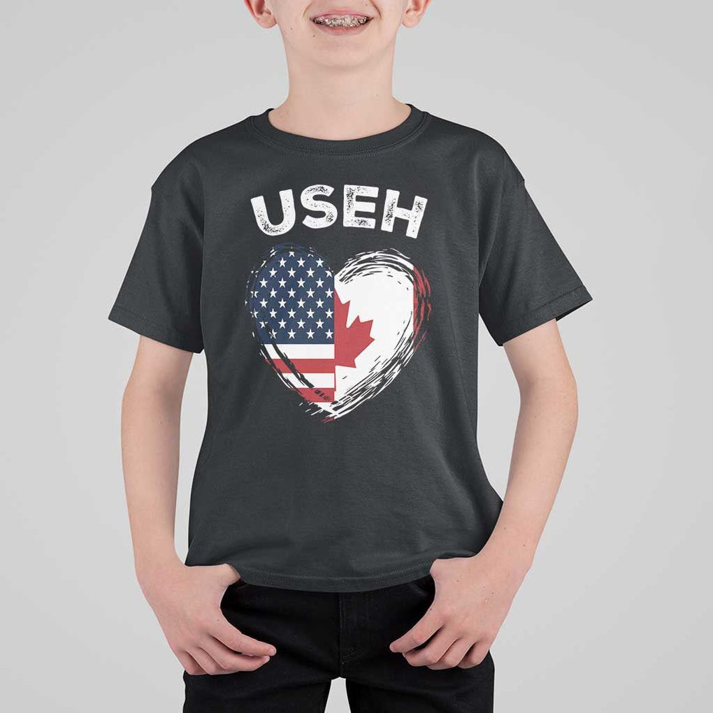 Funny USEH T Shirt For Kid Half Canadian American Flag Big Love Heart TS11 Black Print Your Wear