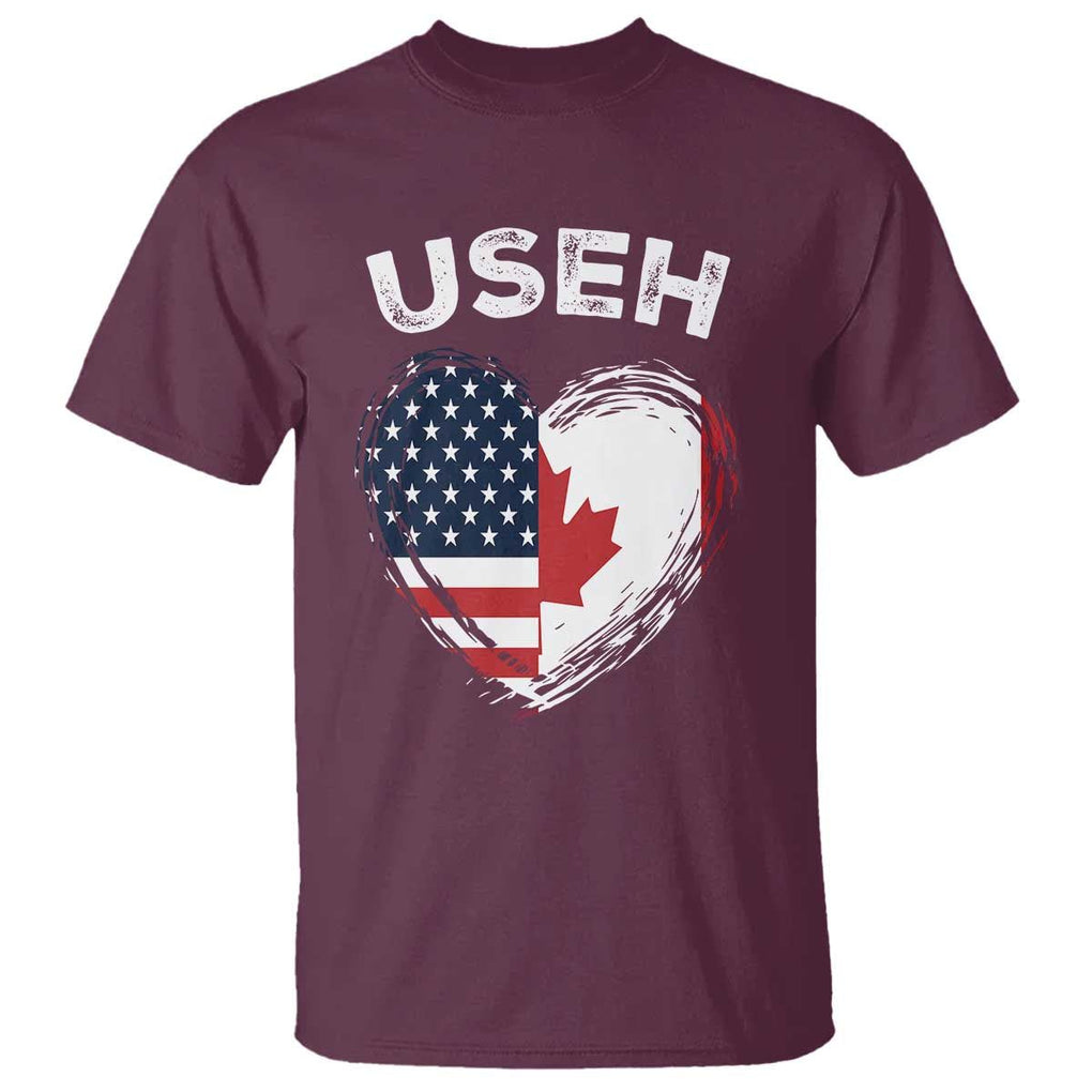 Funny USEH T Shirt Half Canadian American Flag Big Love Heart TS11 Maroon Print Your Wear