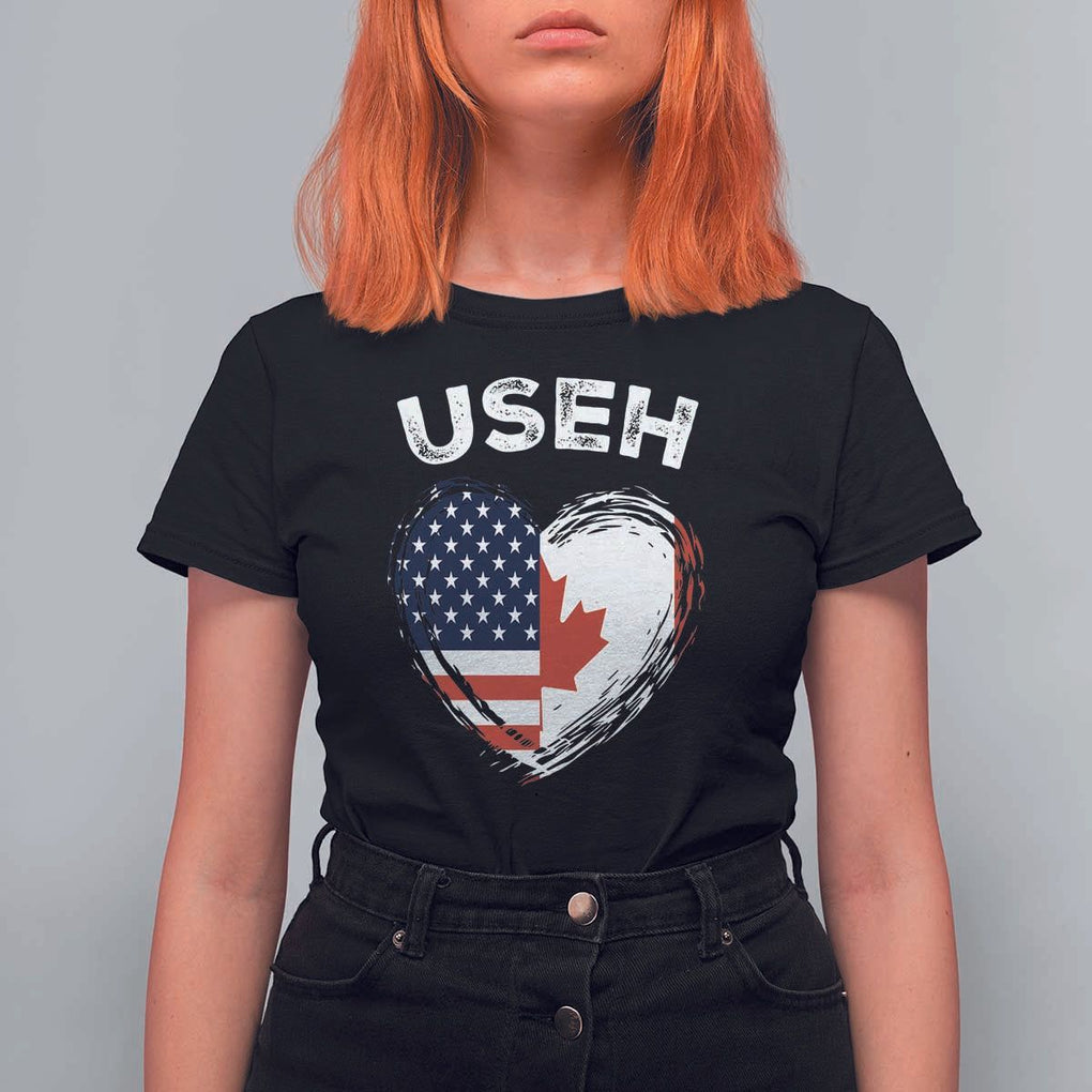 Funny USEH T Shirt For Women Half Canadian American Flag Big Love Heart TS11 Black Print Your Wear