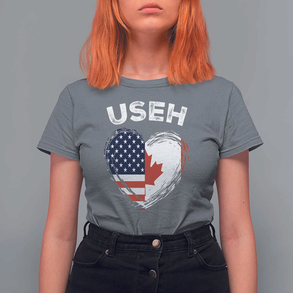 Funny USEH T Shirt For Women Half Canadian American Flag Big Love Heart TS11 Charcoal Print Your Wear