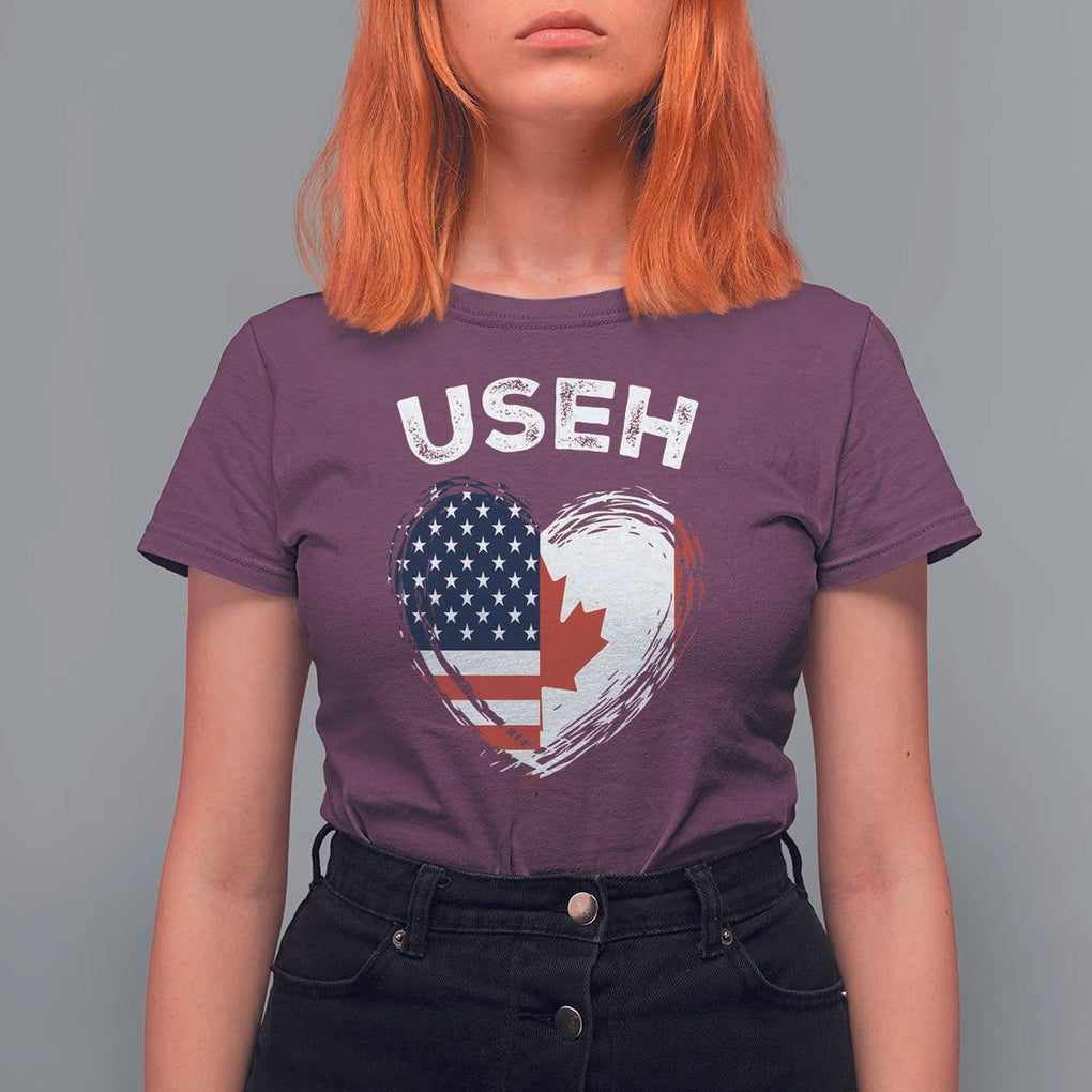 Funny USEH T Shirt For Women Half Canadian American Flag Big Love Heart TS11 Maroon Print Your Wear