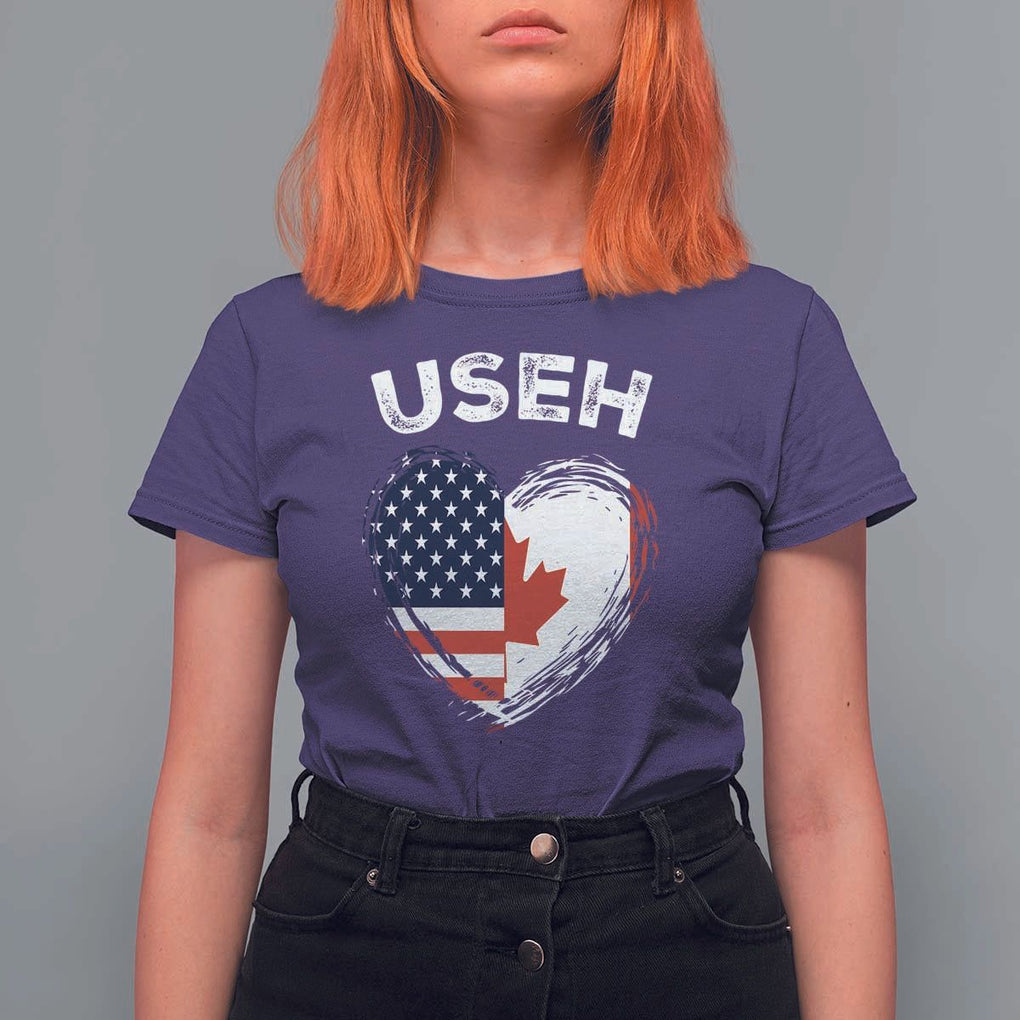 Funny USEH T Shirt For Women Half Canadian American Flag Big Love Heart TS11 Purple Print Your Wear