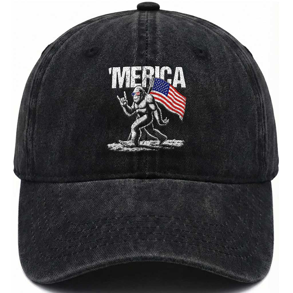 Funny 4th Of July Bigfoot Merica Washed Cotton Baseball Cap Patriotic Sasquatch American US Flag TS11 Washed Cap Universal Fit Black Print Your Wear