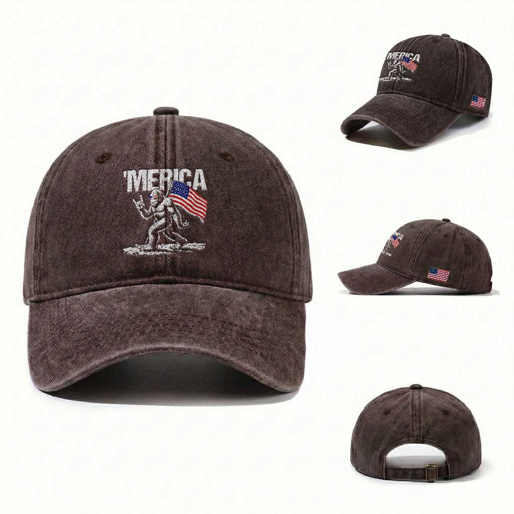 Funny 4th Of July Bigfoot Merica Washed Cotton Baseball Cap Patriotic Sasquatch American US Flag TS11 Washed Cap Universal Fit Dark Brown Print Your Wear