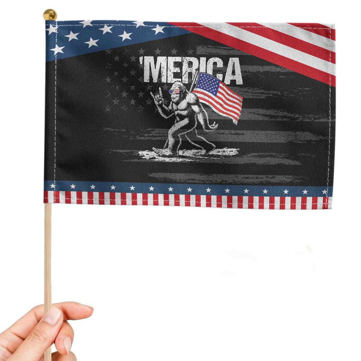Funny 4th Of July Bigfoot Merica Patriotic Handheld Flag Sasquatch American US Flag TS11 Distressed 8.2