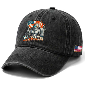 Funny Bigfoot Merica 4th Of July Washed Cotton Baseball Cap American Flag Patriotic Sasquatch TS11 Print Your Wear