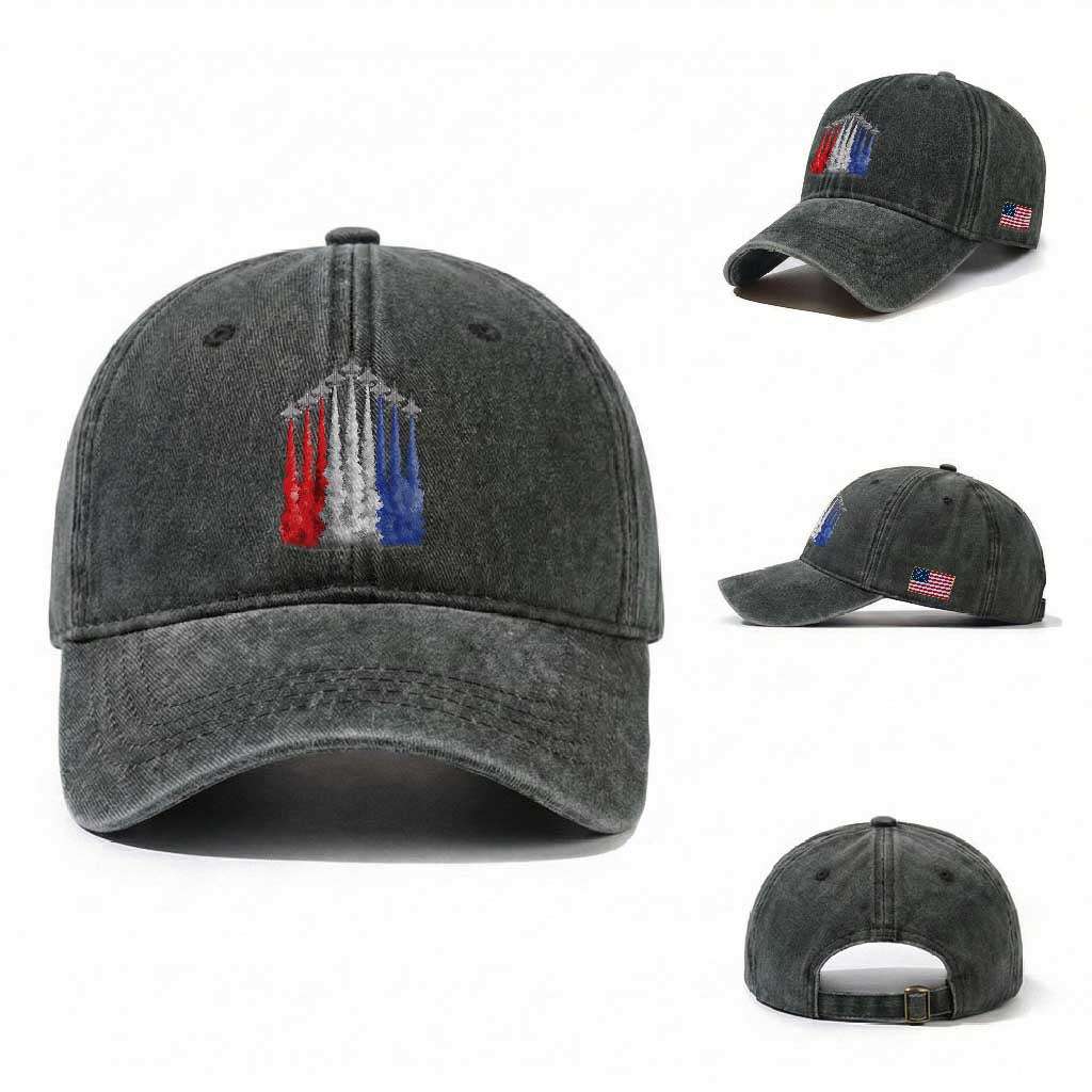 Funny Fighter Jet Airplane American Flag 4th Of July Washed Cotton Baseball Cap TS11 Washed Cap Universal Fit Dark Green Print Your Wear