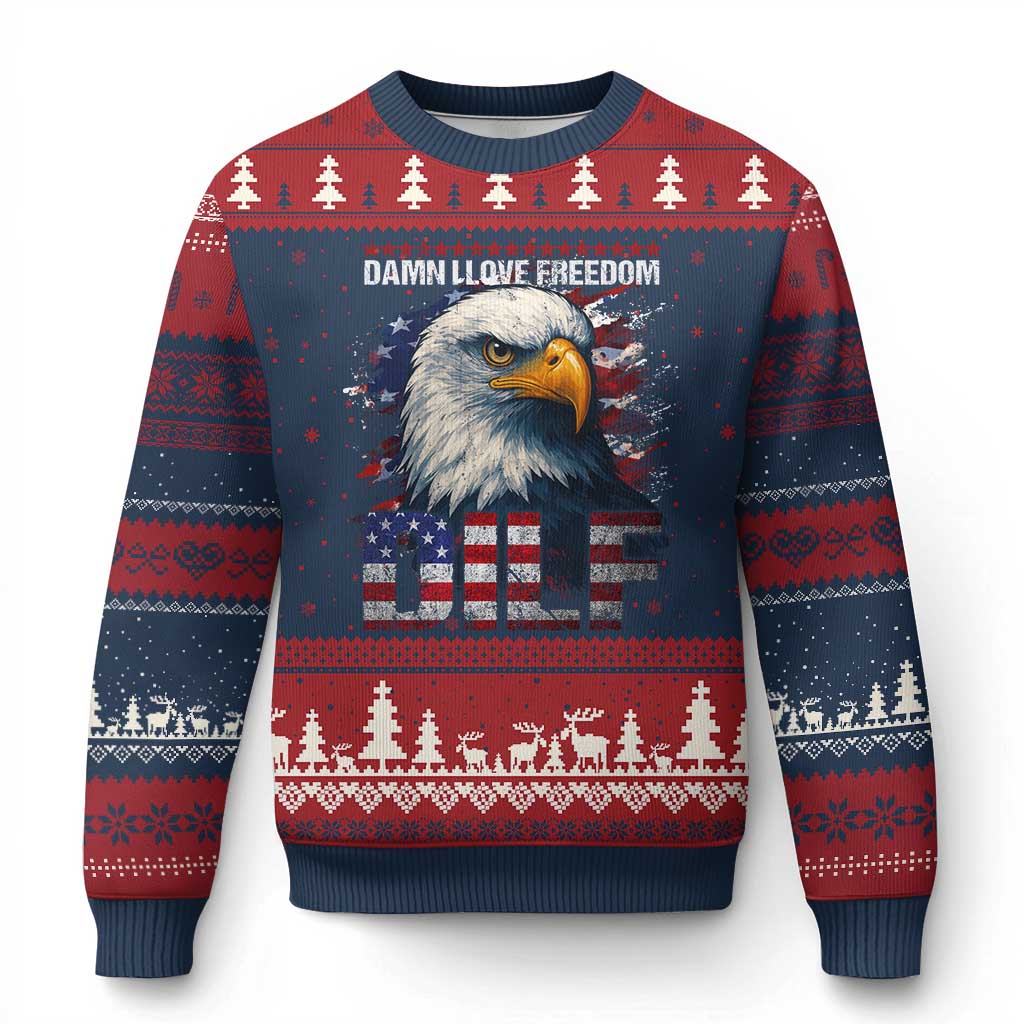 Funny 4th Of July DILF Damn I Love Freedom Ugly Christmas Sweater Vintage Bald Eagle 4th Of July TS11 Navy Red Print Your Wear