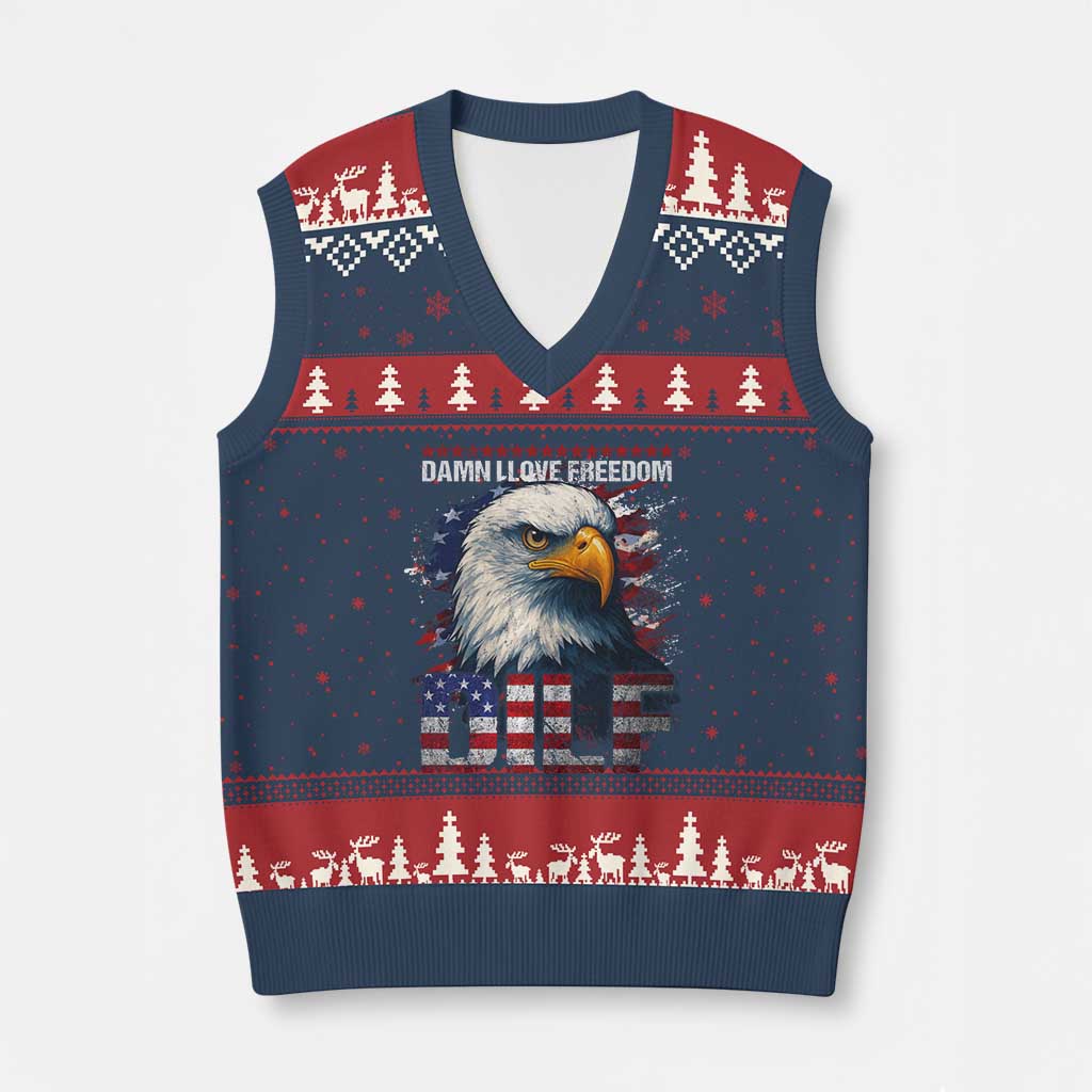 Funny 4th Of July DILF Damn I Love Freedom V-Neck Knit Sweater Vest Vintage Bald Eagle 4th Of July TS11 Navy Red Print Your Wear