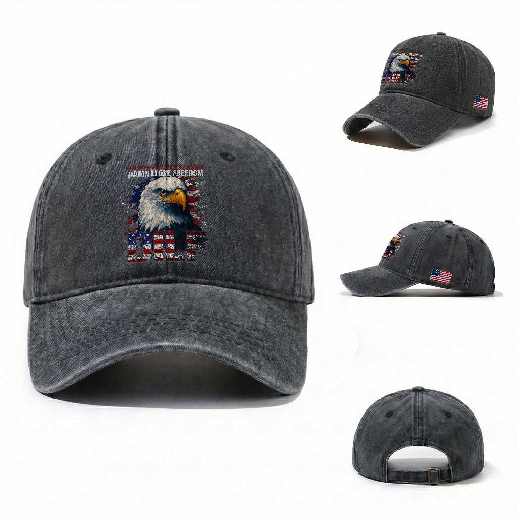 Funny 4th Of July DILF Damn I Love Freedom Washed Cotton Baseball Cap Vintage Bald Eagle 4th Of July TS11 Washed Cap Universal Fit Dark Gray Print Your Wear