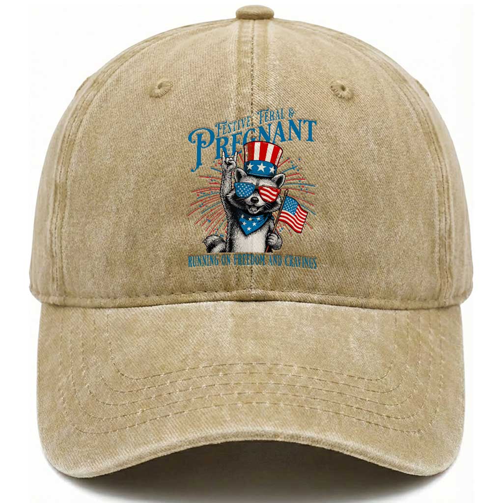 Funny Festive Feral and Pregnant Washed Cotton Baseball Cap Running On Freedom And Cravings 4th of July Maternity Raccoon TS11 Washed Cap Universal Fit Khaki Print Your Wear