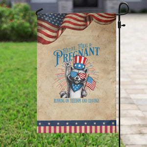Funny Festive Feral and Pregnant Garden Flag Running On Freedom And Cravings 4th of July Maternity Raccoon TS11 Vintage Rustic Tan Navy Print Your Wear