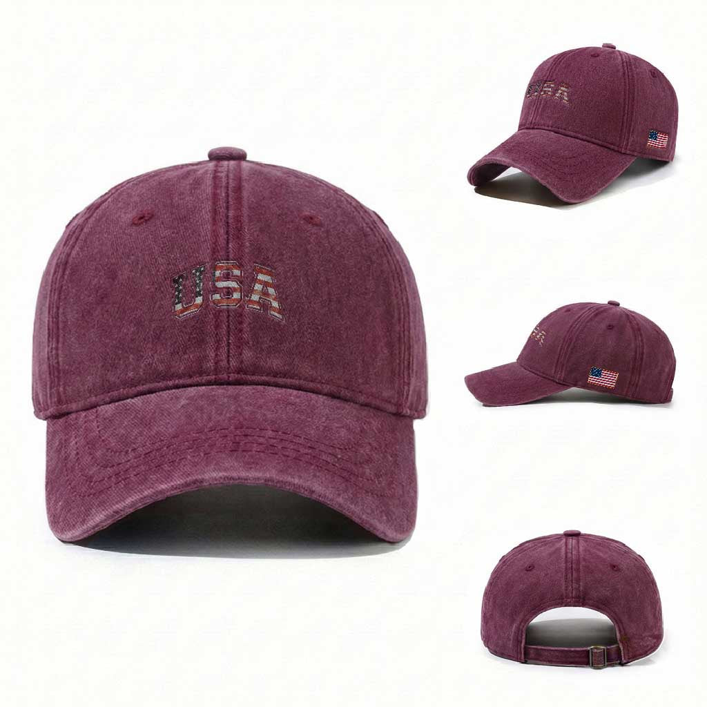 Funny USA Patriotic 4th of July American Flag Washed Cotton Baseball Cap TS11 Washed Cap Universal Fit Burgundy Print Your Wear
