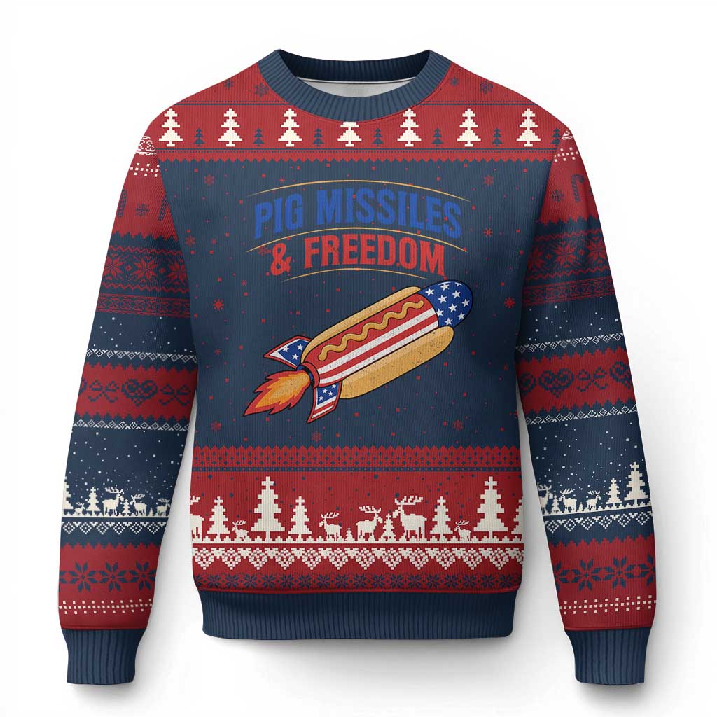 Pig Missiles And Freedom Hot Dog 4th of July Humor Ugly Christmas Sweater TS11 Navy Red Print Your Wear