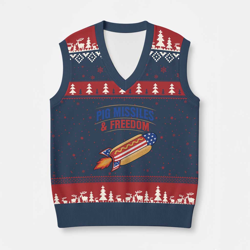 Pig Missiles And Freedom Hot Dog 4th of July Humor V-Neck Knit Sweater Vest TS11 Navy Red Print Your Wear