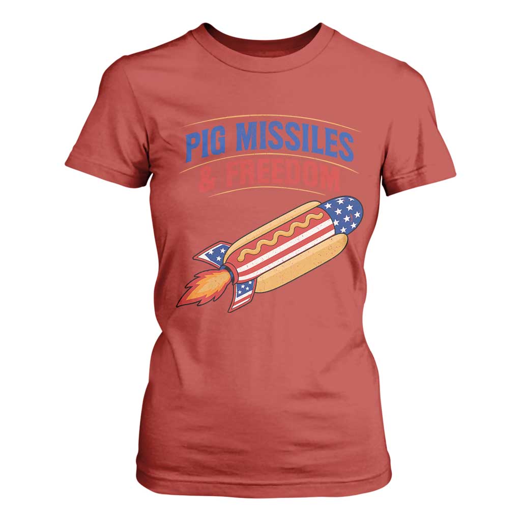 Pig Missiles And Freedom Hot Dog 4th of July Humor T Shirt For Women