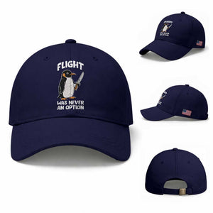 Penguin Flight Was Never An Option Baseball Cap Funny Dark Humor