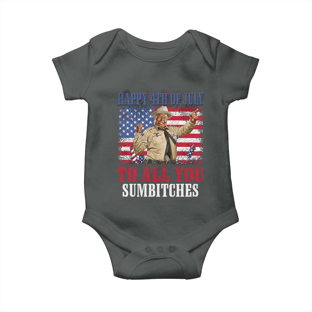 Happy 4th of July To All You Sumbitches Baby Onesie Funny Smokey Patriotic American 70s Movie The Bandit TS11 Dark Heather Print Your Wear