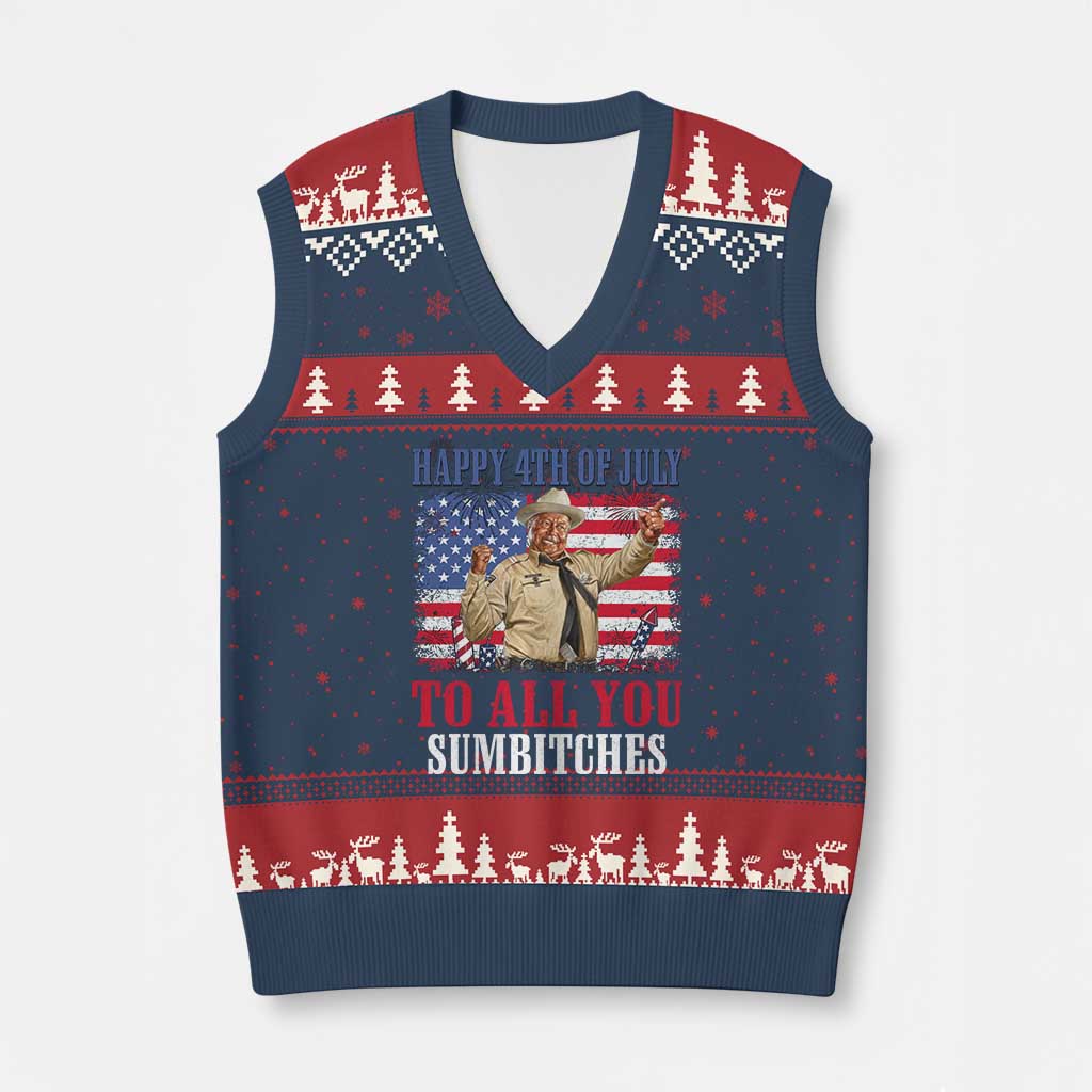 Happy 4th of July To All You Sumbitches V-Neck Knit Sweater Vest Funny Smokey Patriotic American 70s Movie The Bandit TS11 Navy Red Print Your Wear