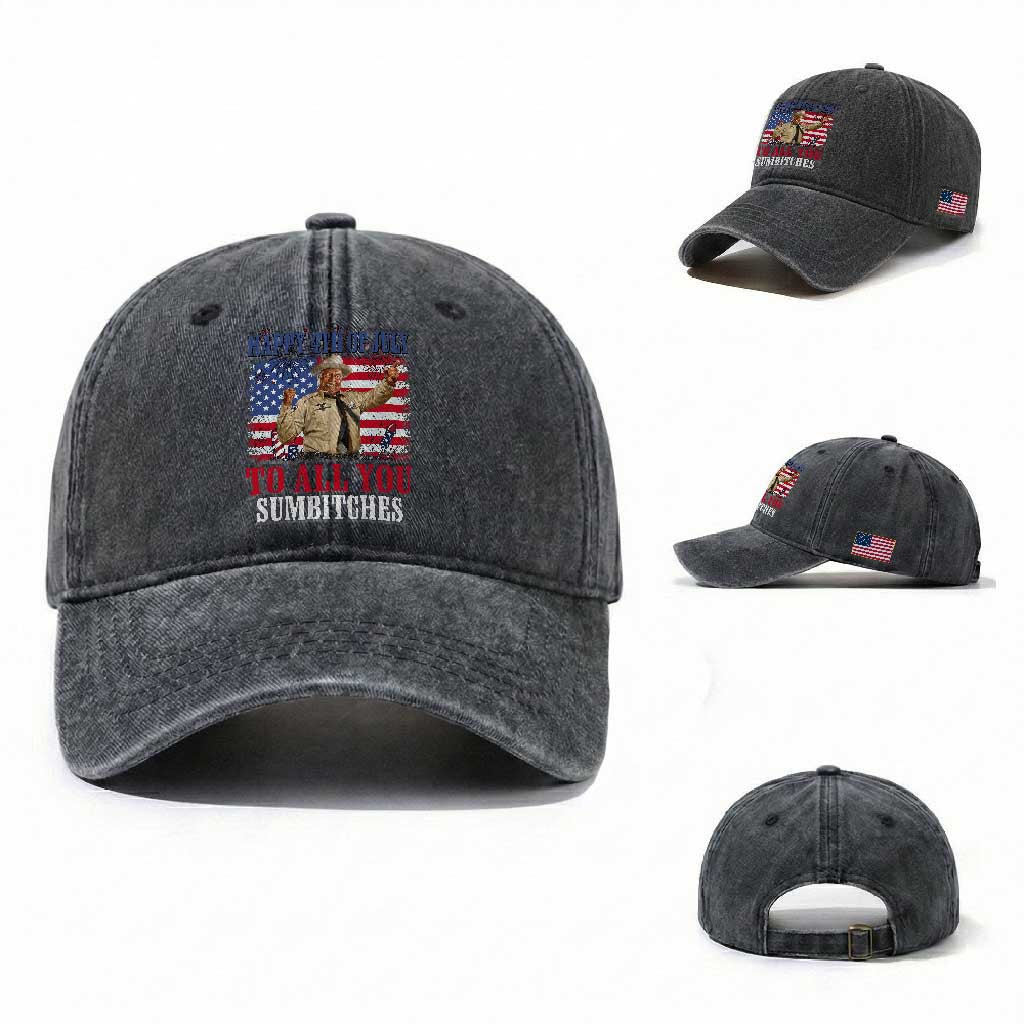 Happy 4th of July To All You Sumbitches Washed Cotton Baseball Cap Funny Smokey Patriotic American 70s Movie The Bandit TS11 Washed Cap Universal Fit Dark Gray Print Your Wear