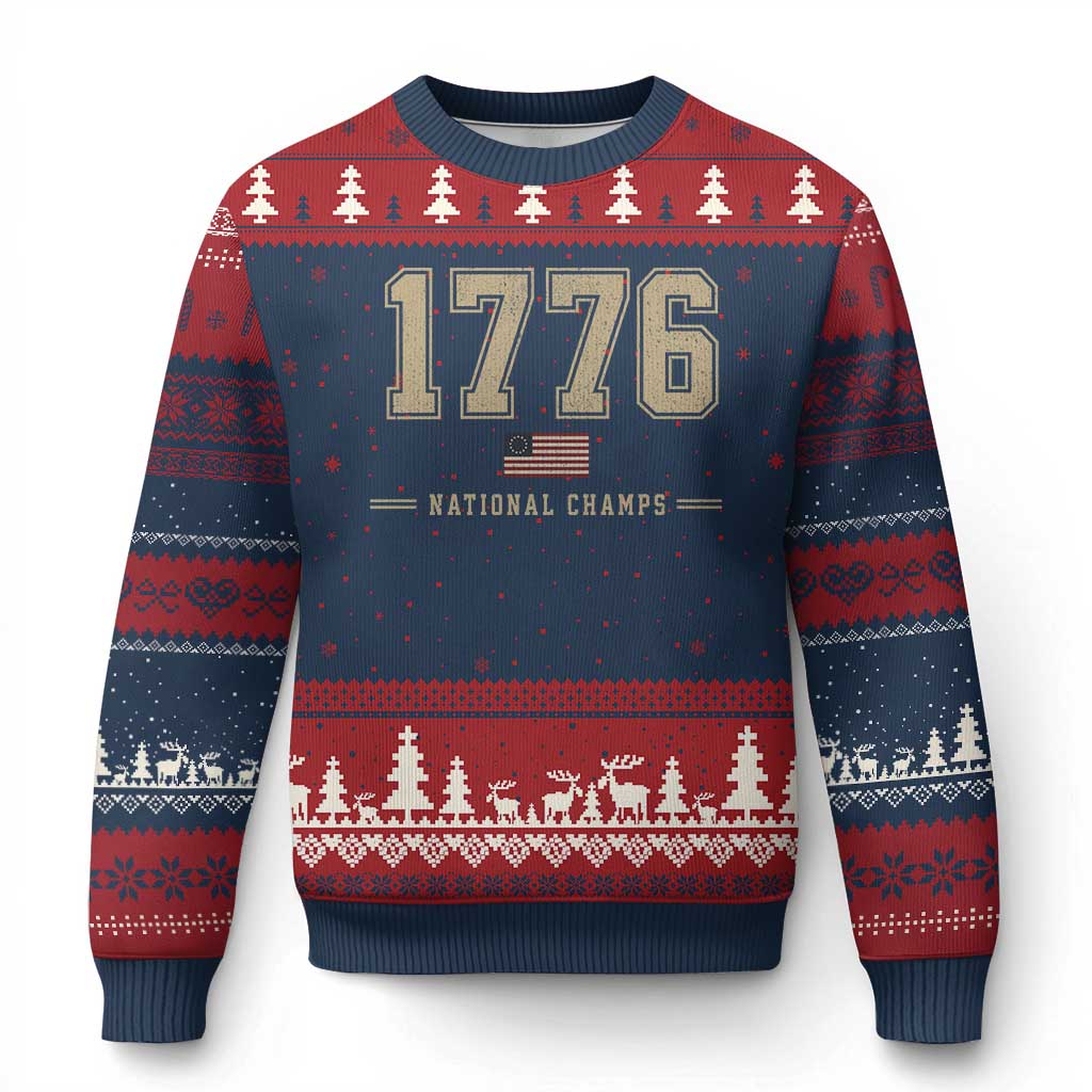 1776 National Champs 250th Anniversary USA 4th of July Ugly Christmas Sweater TS11 Navy Red Print Your Wear